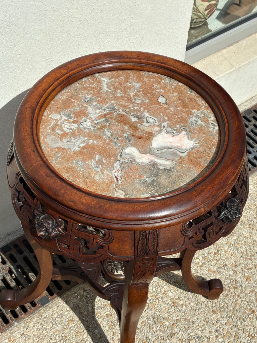 Guéridon Sellette Japonisant En Noyer Sculpté Ø 50 cm – Goût Gabriel Viardot – XIXe Siècle-photo-2