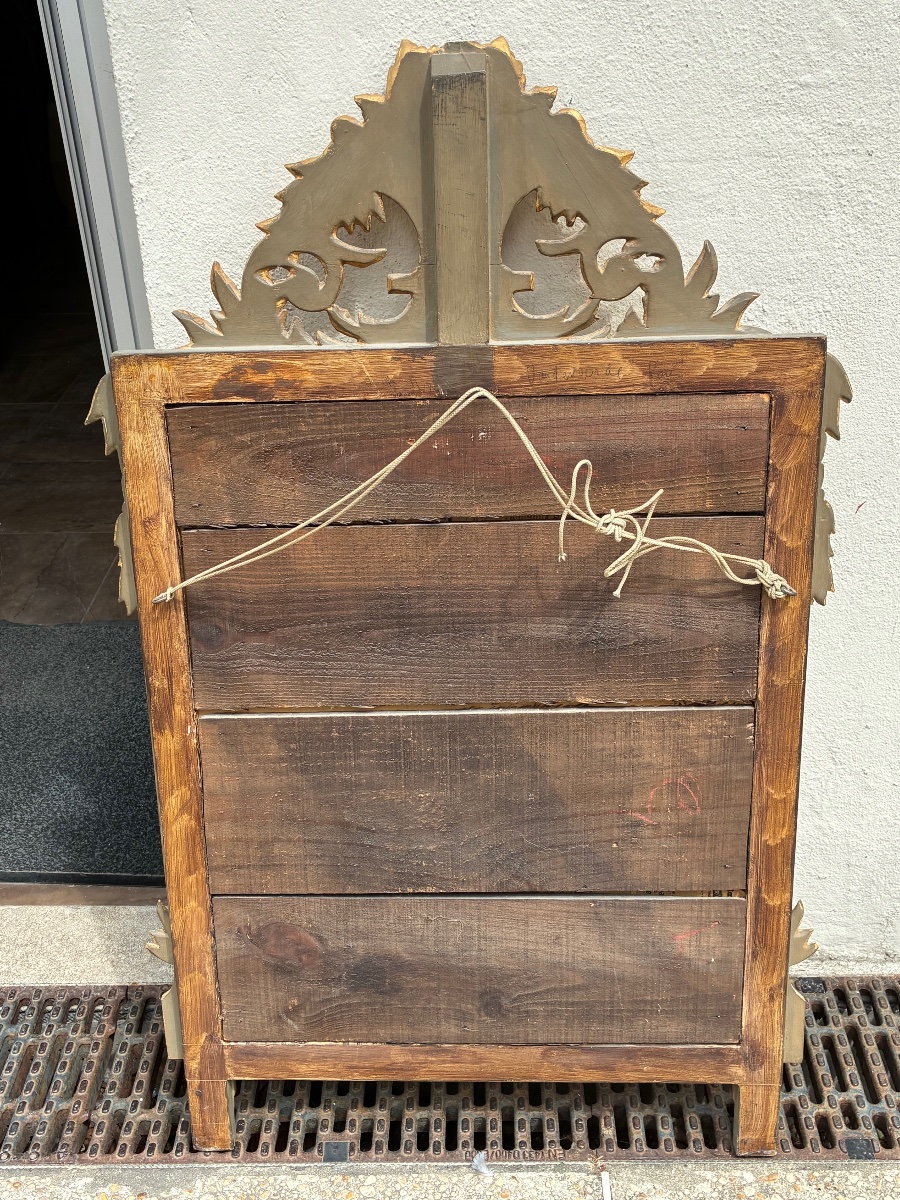 Miroir de style Louis XVI en bois sculpté et doré – Fronton au panier fleuri – H. 100 cm-photo-3