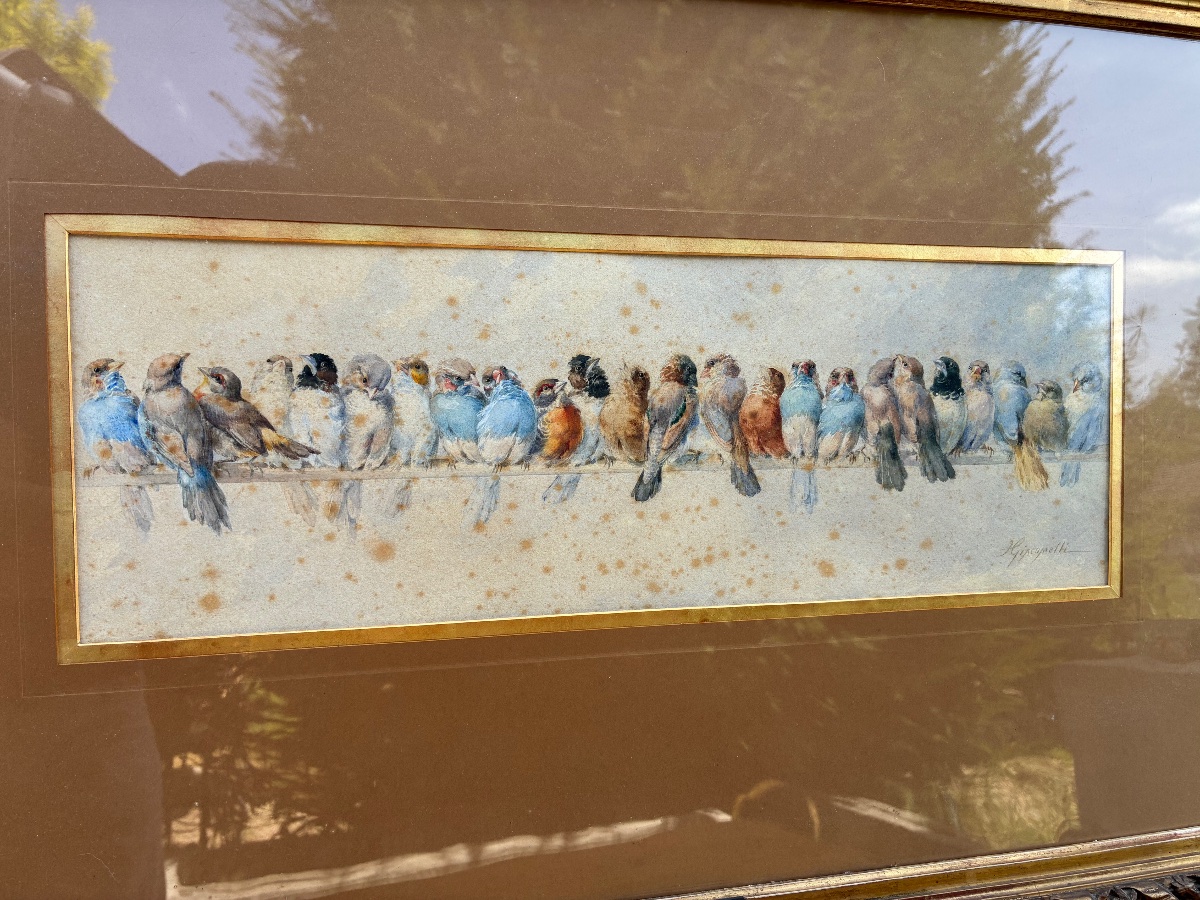 Hector Giacomelli (1822–1904) – “flock Of Birds” – Large Signed 19th-century Watercolor-photo-2
