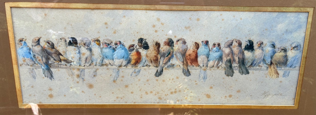 Hector Giacomelli (1822–1904) – “flock Of Birds” – Large Signed 19th-century Watercolor-photo-3
