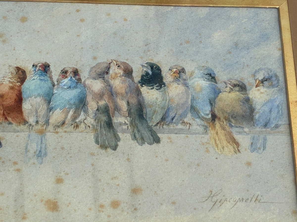 Hector Giacomelli (1822–1904) – “flock Of Birds” – Large Signed 19th-century Watercolor-photo-4