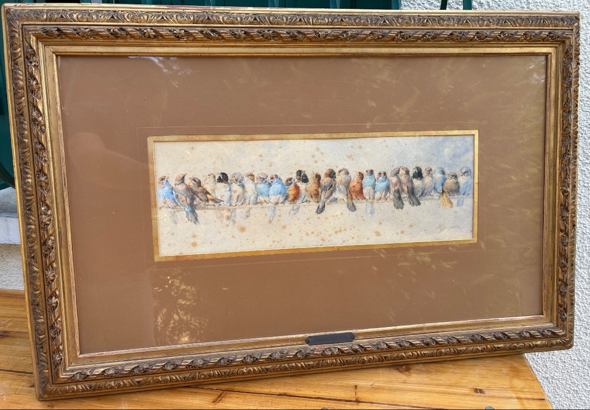 Hector Giacomelli (1822–1904) – “flock Of Birds” – Large Signed 19th-century Watercolor