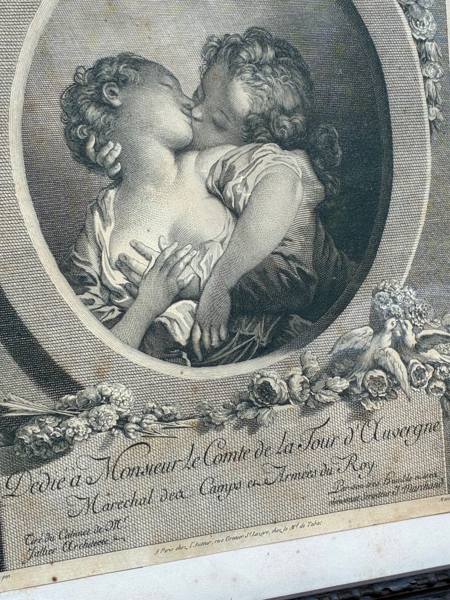 Cadre néo-Renaissance XIXe noyer sculpté avec gravure du XVIIIᵉ siècle d’après Fragonard-photo-2