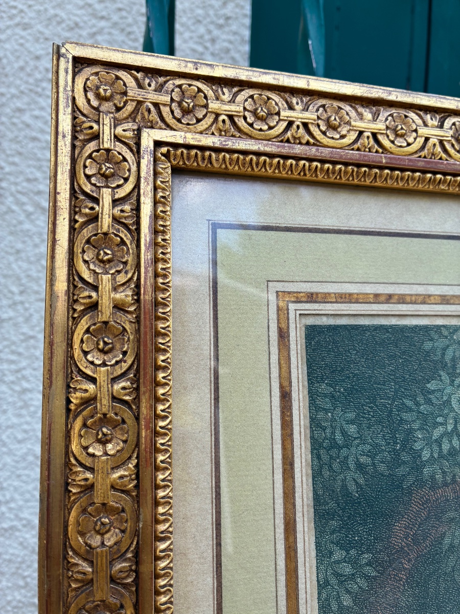Gravure ancienne rehaussée à l’aquarelle « La Petite Curieuse » – Cadre en bois sculpté et doré-photo-4