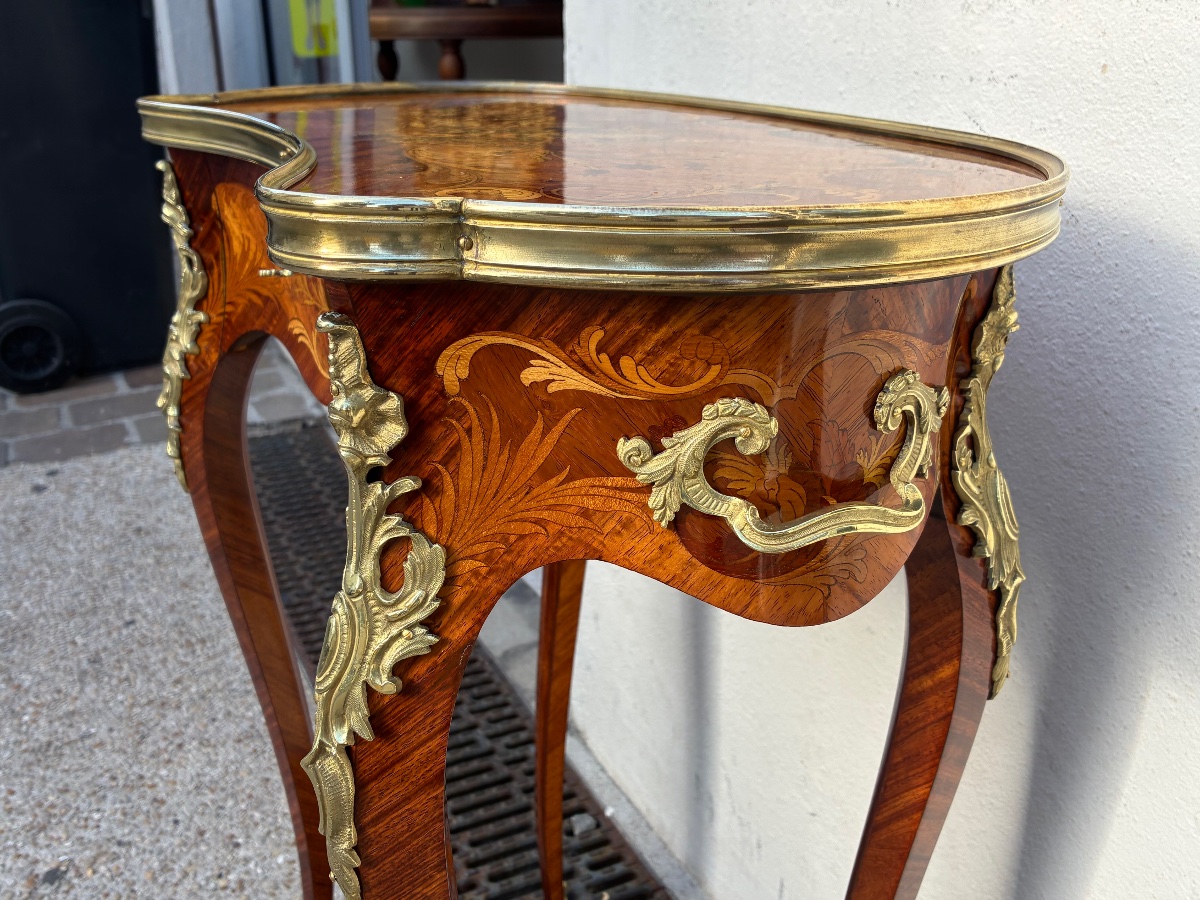 19th-century Curved Kidney-shaped Table With Floral Marquetry And Bronze, Louis XV Style-photo-2