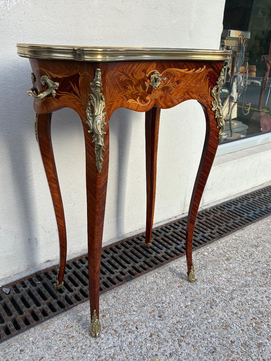 19th-century Curved Kidney-shaped Table With Floral Marquetry And Bronze, Louis XV Style-photo-3