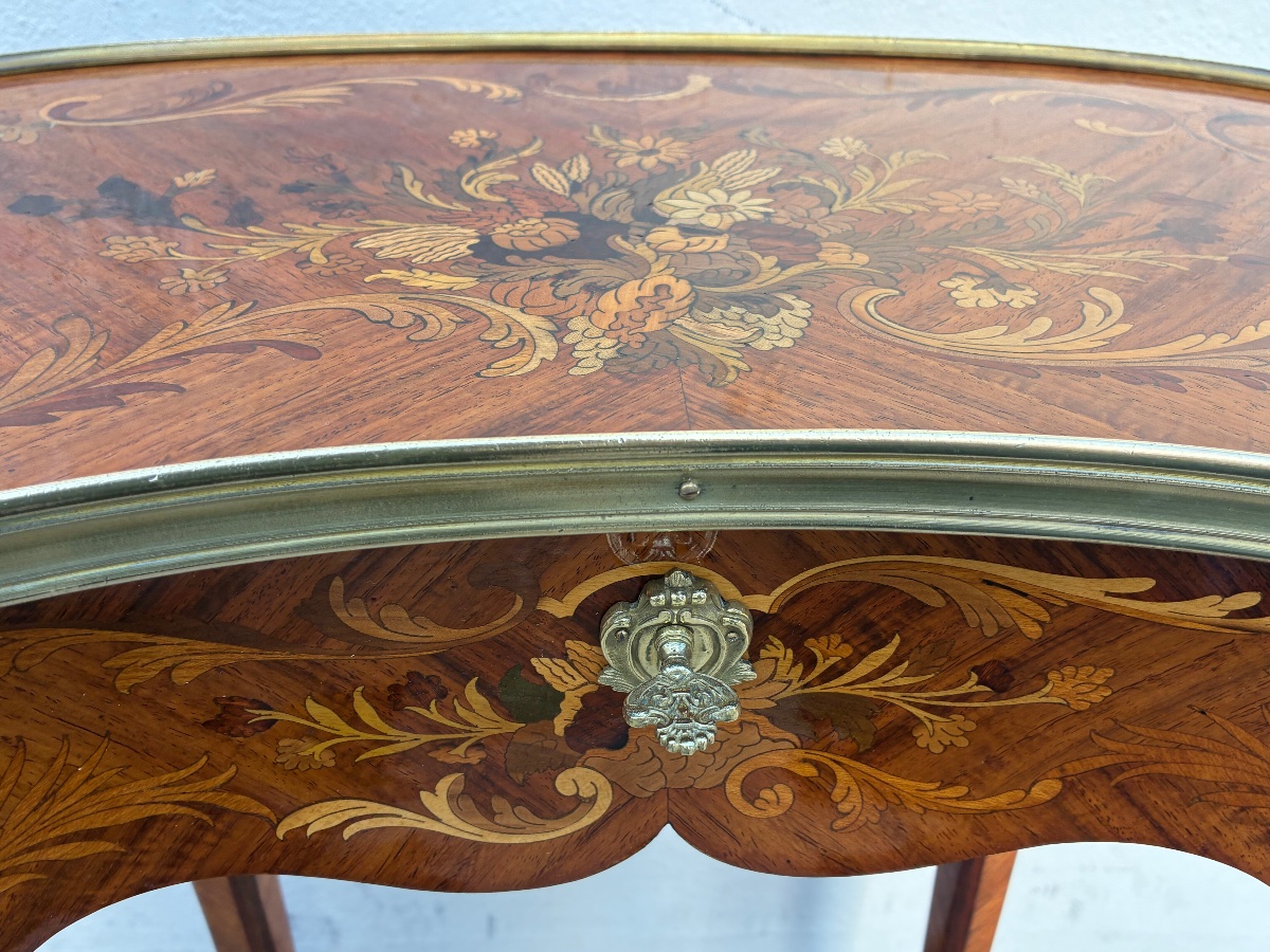 19th-century Curved Kidney-shaped Table With Floral Marquetry And Bronze, Louis XV Style-photo-4