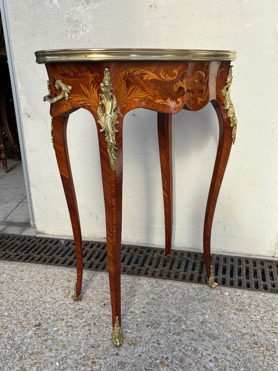 19th-century Curved Kidney-shaped Table With Floral Marquetry And Bronze, Louis XV Style-photo-2