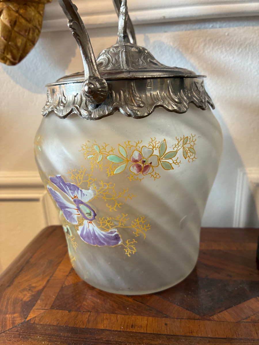 Seau à biscuits Legras en verre émaillé à décor floral – Époque 1900-photo-2