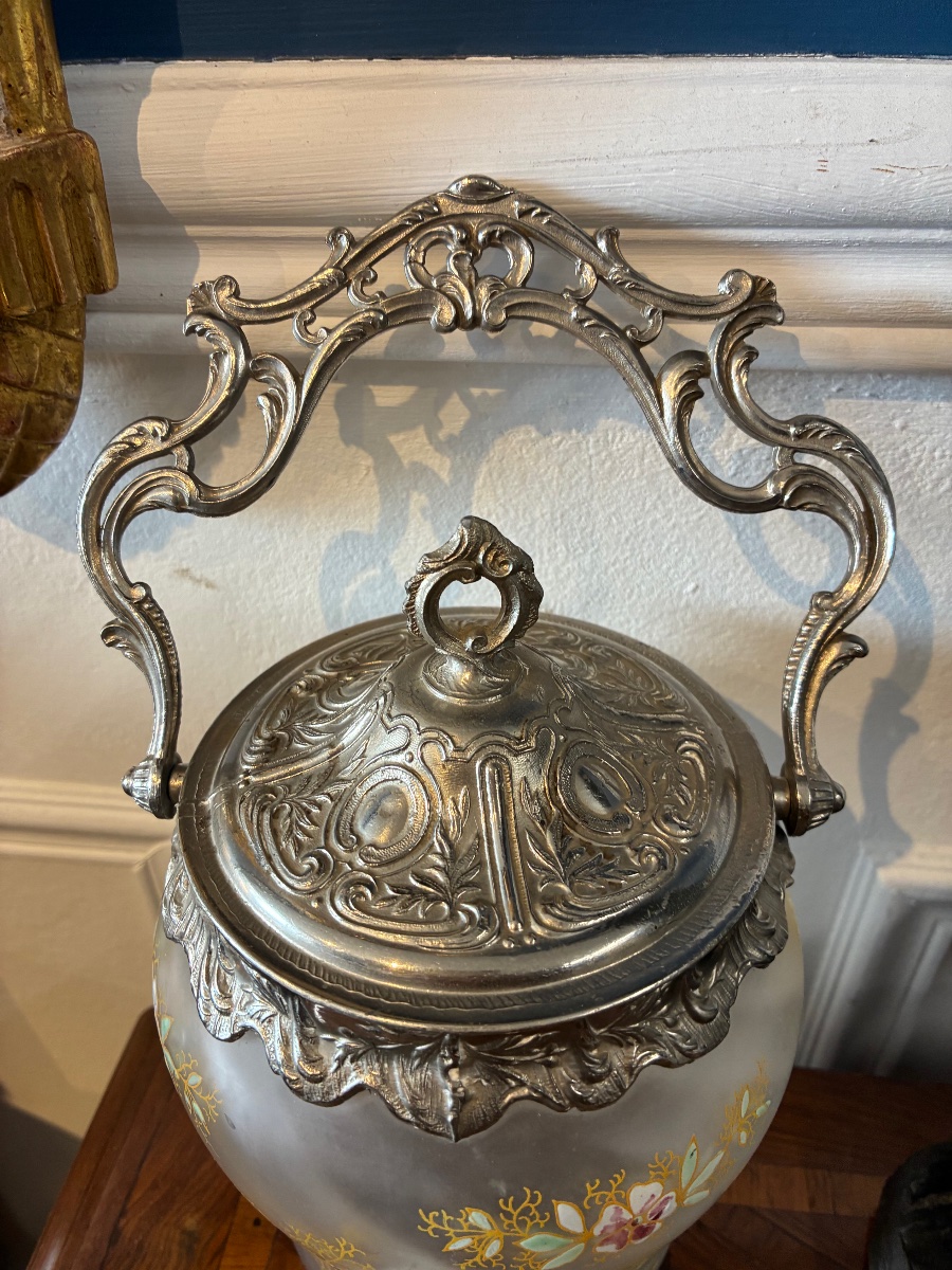 Seau à biscuits Legras en verre émaillé à décor floral – Époque 1900-photo-2