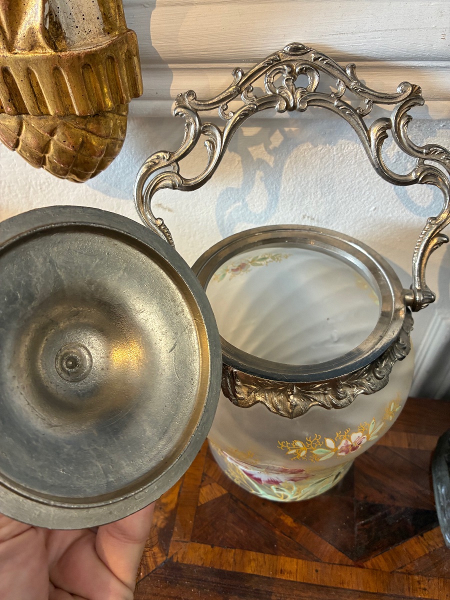 Seau à biscuits Legras en verre émaillé à décor floral – Époque 1900-photo-3