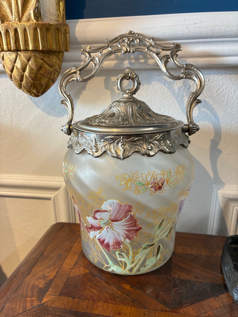 Seau à biscuits Legras en verre émaillé à décor floral – Époque 1900