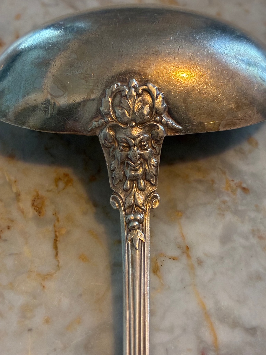 Solid Silver Sauce Spoon – Henri Soufflot – Mascaron And Flowers – 19th Century-photo-3