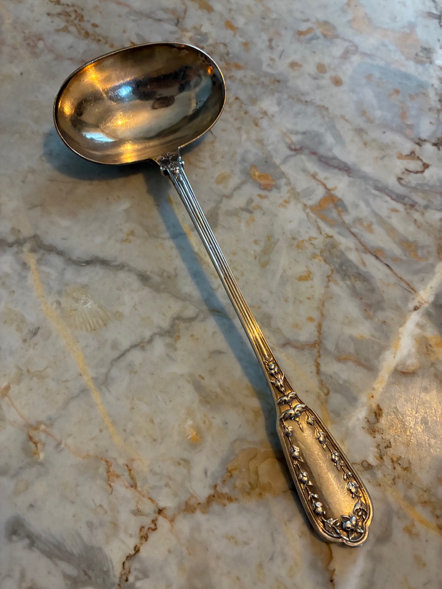 Solid Silver Sauce Spoon – Henri Soufflot – Mascaron And Flowers – 19th Century
