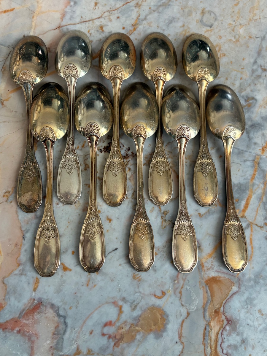 10 Solid Silver Vermeil Moka Spoons – Lapparra & Gabriel – Early 20th Century-photo-2