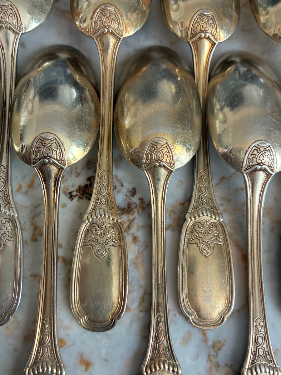 10 Solid Silver Vermeil Moka Spoons – Lapparra & Gabriel – Early 20th Century-photo-4