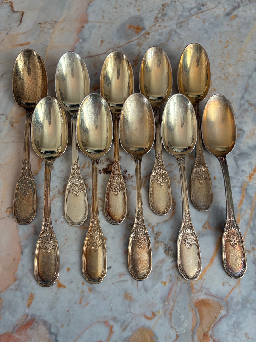 10 Solid Silver Vermeil Moka Spoons – Lapparra & Gabriel – Early 20th Century