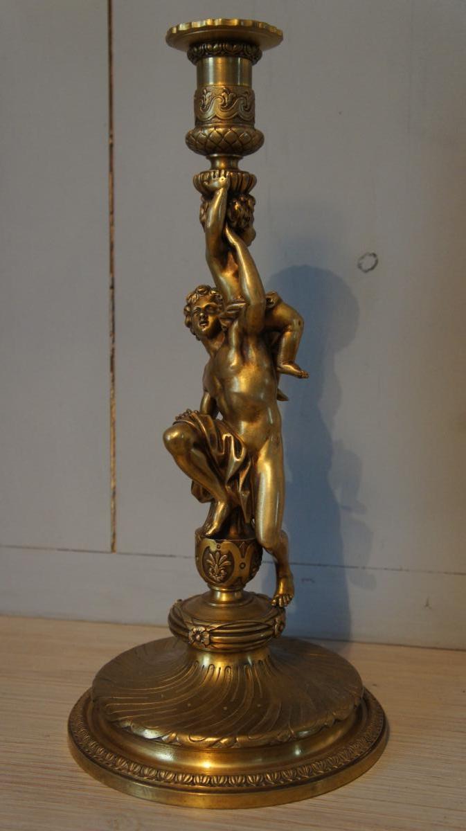 Grand Pied De Lampe Bronze XIX Putti Signé Eug Bazart Paris 40cm