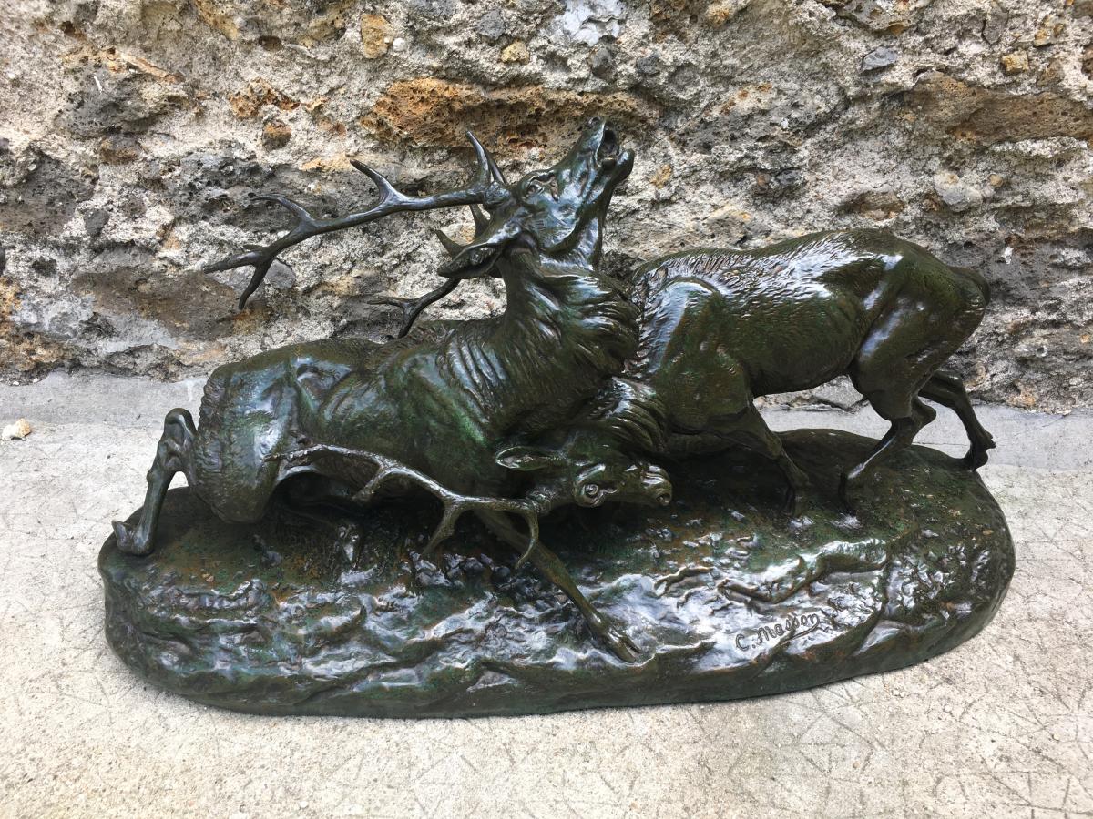 Important Bronze 77cm XIX Combat Of Deer Signed C. Masson