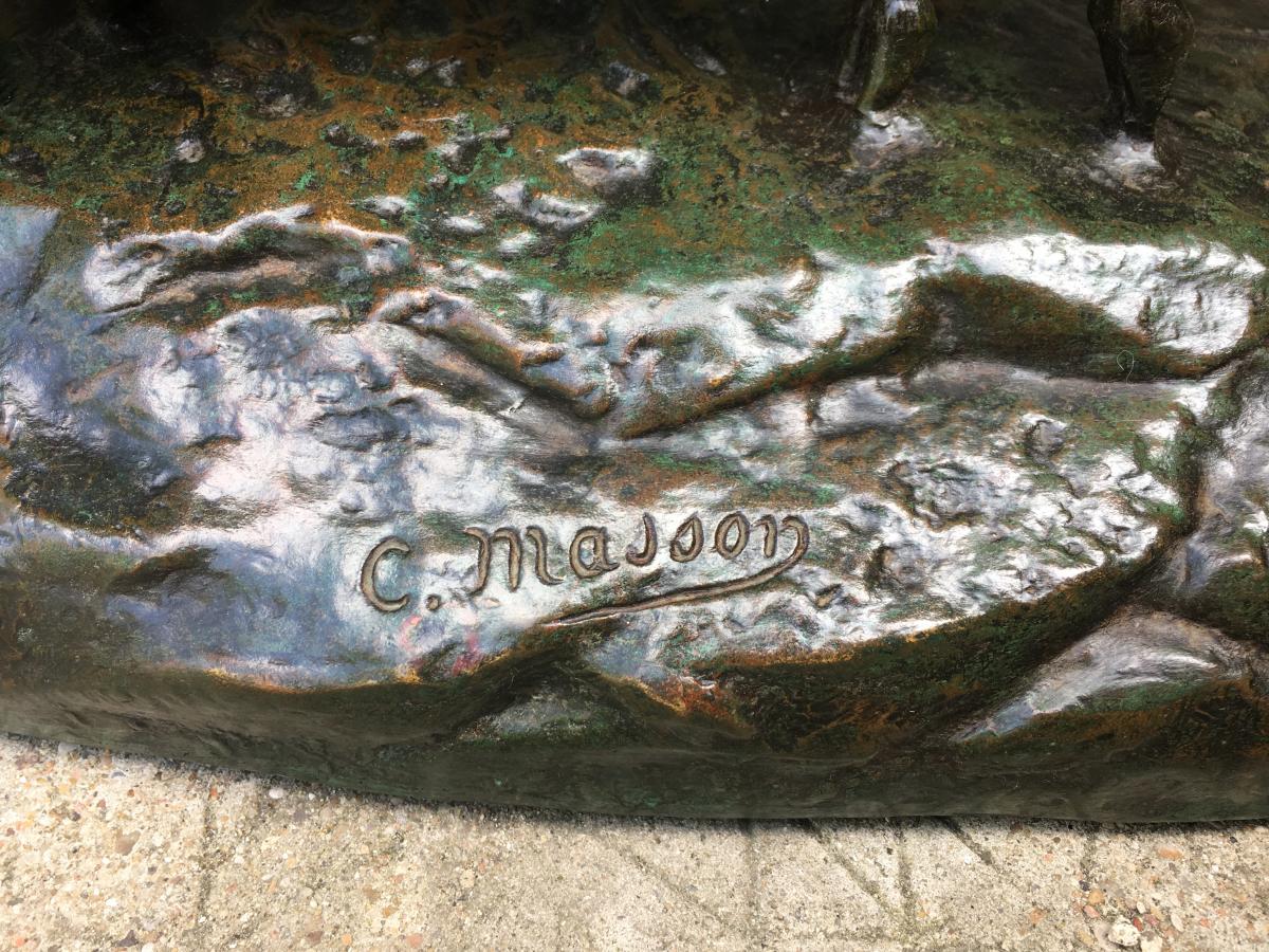 Important Bronze 77cm XIX Combat Of Deer Signed C. Masson-photo-4