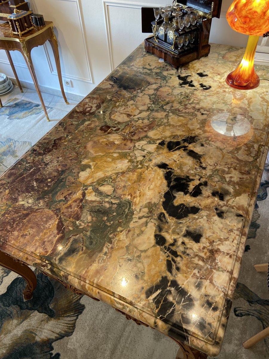 Jean MOCQUÉ Grand Table De Milieu Style Régence Chêne Marbre XXe Ébénisterie D’art -photo-2