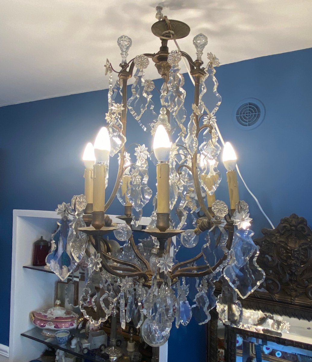 Lustre Cage Bronze Cristal 6 Lumières XIXe