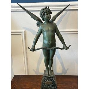 Sculpture "vici" After Auguste Moreau, Green Patinated Spelter, Marble Base 64 Cm