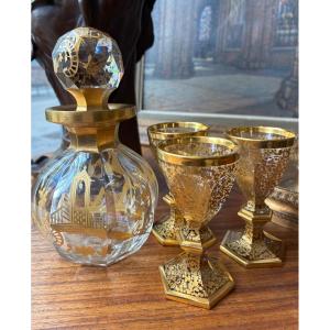 Harcourt Cut And Gilded Crystal Liqueur Service – Styptane Paris – Decanter And 3 Signed Glasses