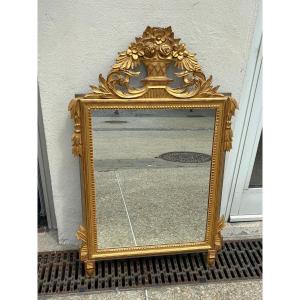 Louis XVI-style Mirror In Carved And Gilded Wood – Pediment With Floral Motif – H. 100 Cm