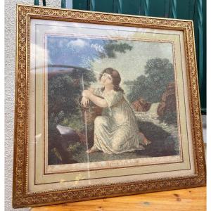 Gravure ancienne rehaussée à l’aquarelle « La Petite Curieuse » – Cadre en bois sculpté et doré