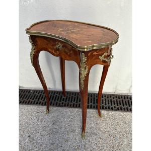 19th-century Curved Kidney-shaped Table With Floral Marquetry And Bronze, Louis XV Style