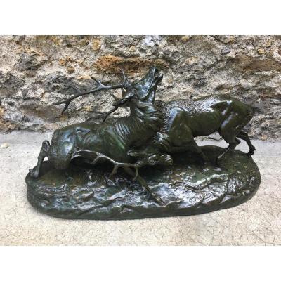 Important Bronze 77cm XIX Combat Of Deer Signed C. Masson