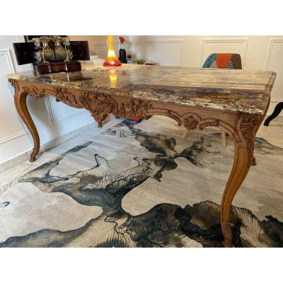 Jean MOCQUÉ Grand Table De Milieu Style Régence Chêne Marbre XXe Ébénisterie D’art 