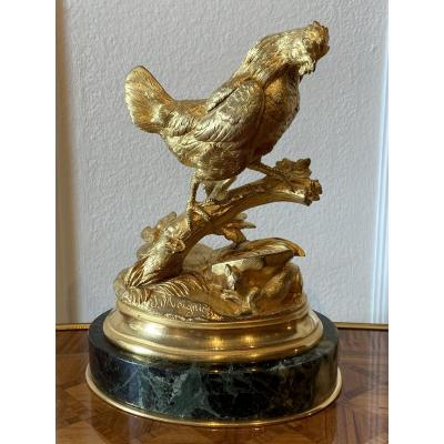 Bronze Doré XIX Jules Moigniez (1835-1894) « poule Et Belette »