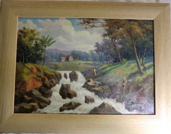 RAMBININTSOA Jean (1899-1986) " La rivière Mandraka ", 1936 Huile sur toile 35 x 50 cm
