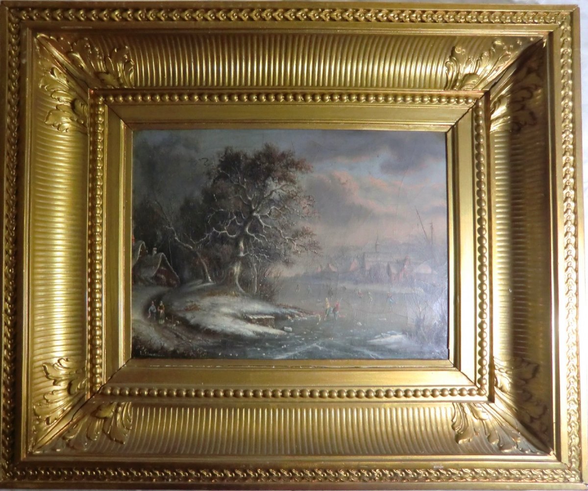 CHEVALLIER (1808-1893) "Paysage animé en hiver" Huile/Toile encadrée 24,5 x 33 cm