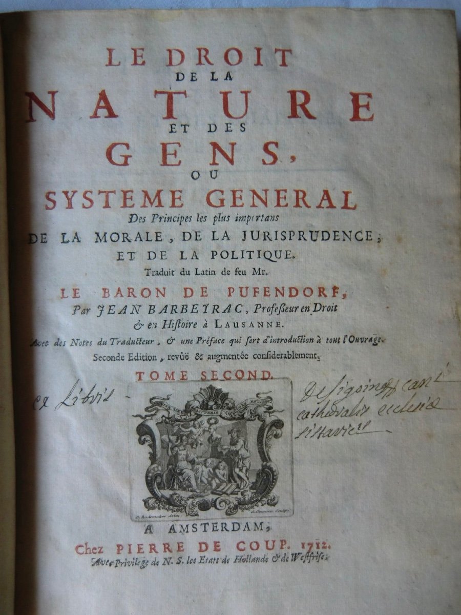 Jean Barbeyrac Baron De Pufendorf "Le Droit de la Nature et des Gens" 1712 2 Volumes In-4-photo-4