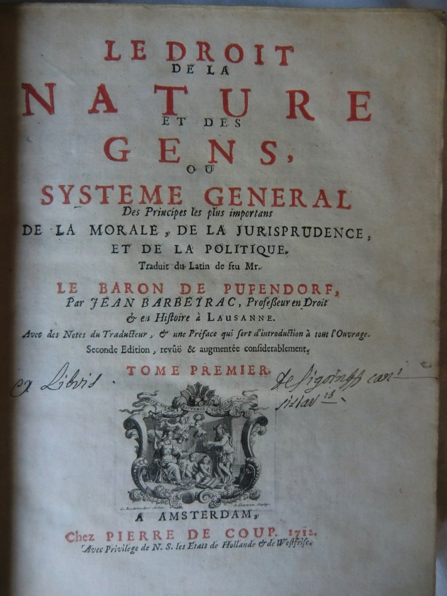 Jean Barbeyrac Baron De Pufendorf "Le Droit de la Nature et des Gens" 1712 2 Volumes In-4