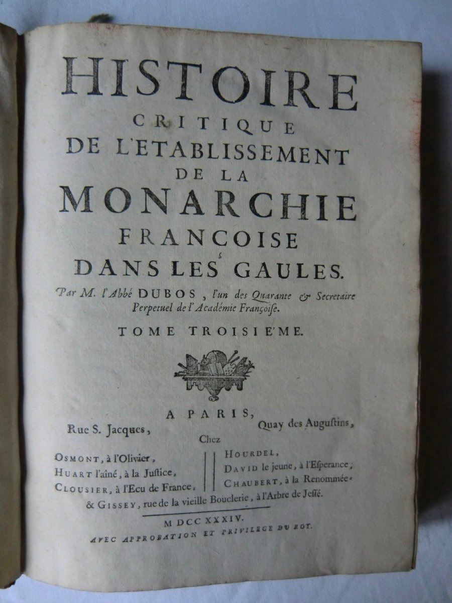 Abbé DUBOS "Histoire critique Monarchie" 1734 3 Volumes  In-4 Reliure cuir-photo-6