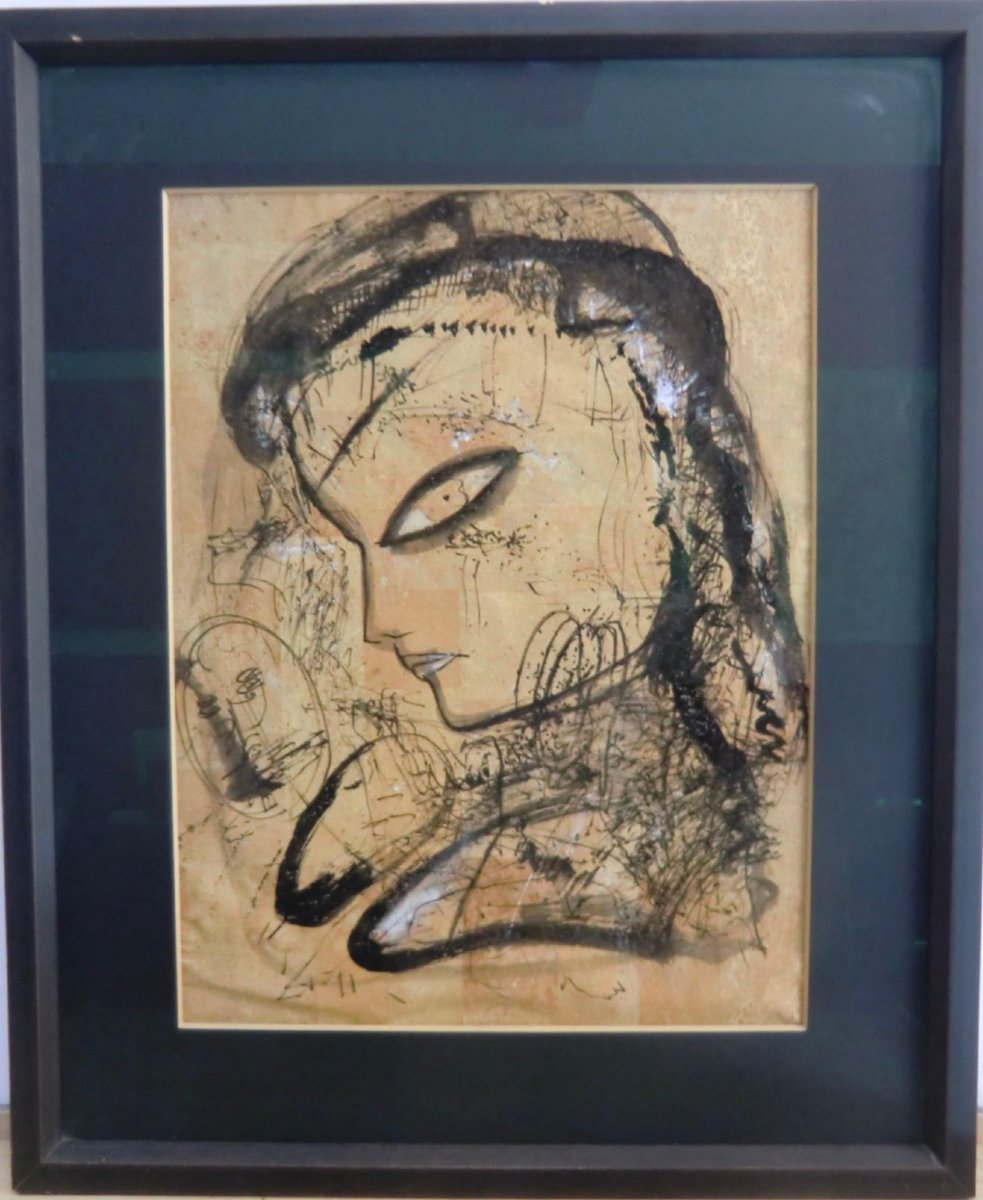 Jamali Né En 1944 "vixen" Peinture Aux Pigments Sur Liège Encadrée 66 X 50 Cm