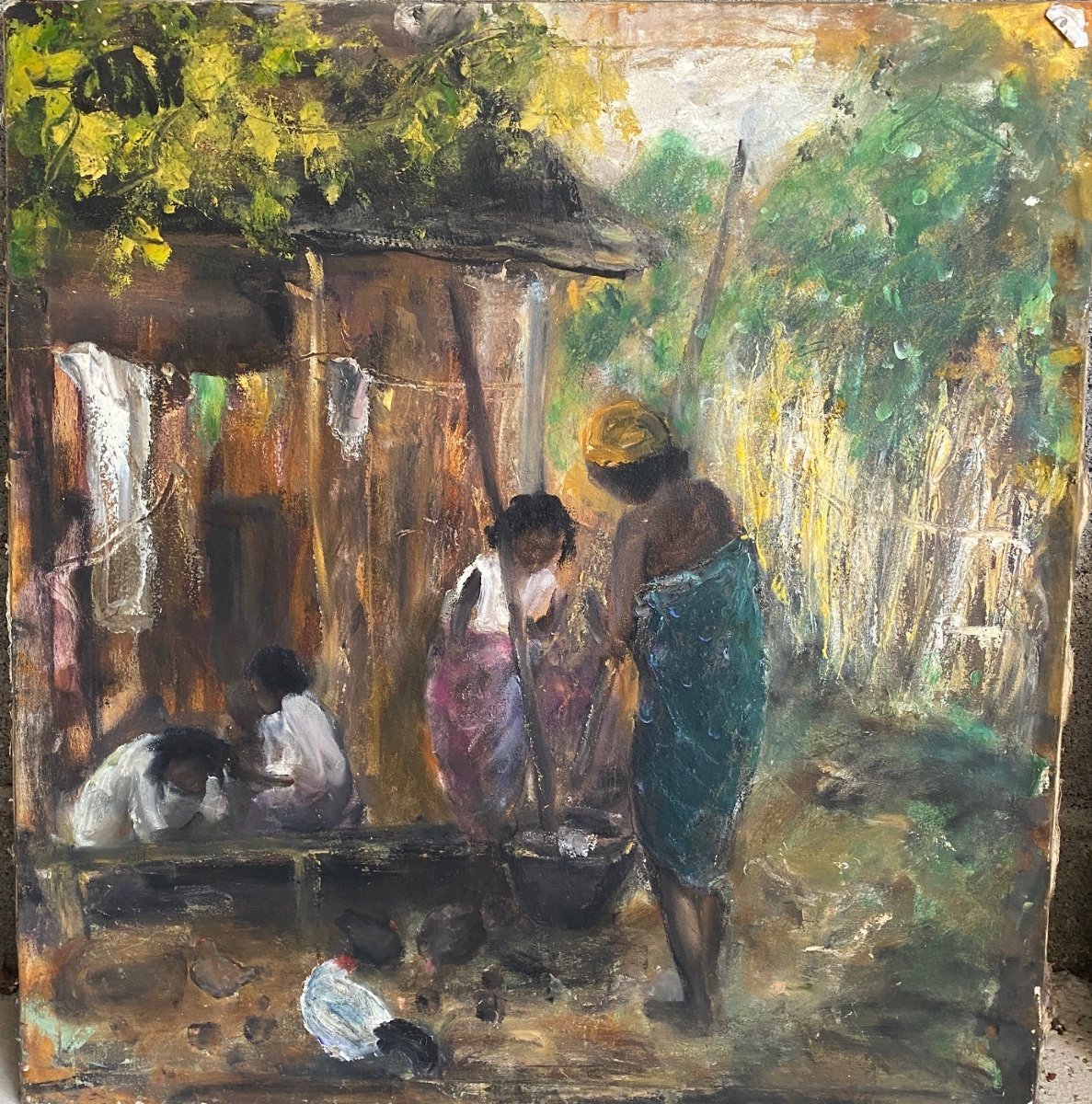 CHAN (1929-2021) Peintre de Madagascar "Pileuses du Riz", Vers 1990 Huile sur Toile 80 X 75 cm