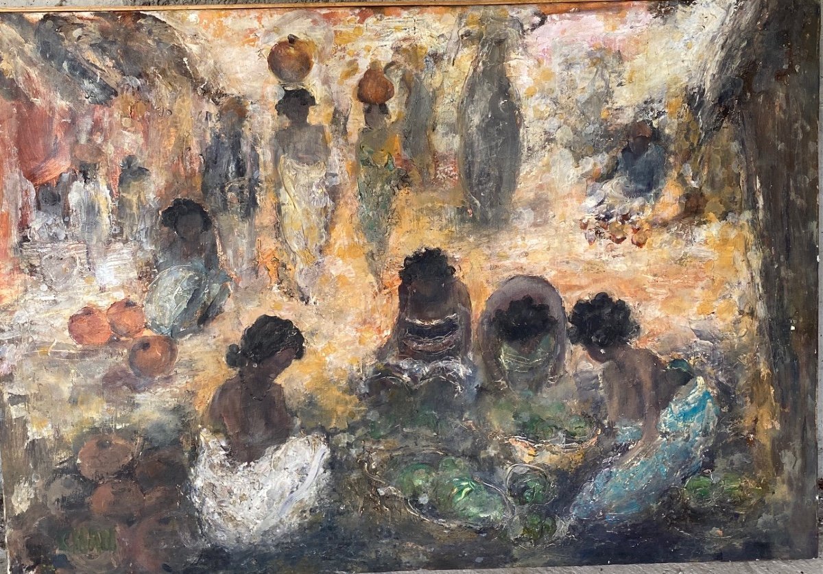 Chan (1929-2021) Painter From Madagascar "market Day", Around 1990 Oil On Canvas 69 X 100 Cm