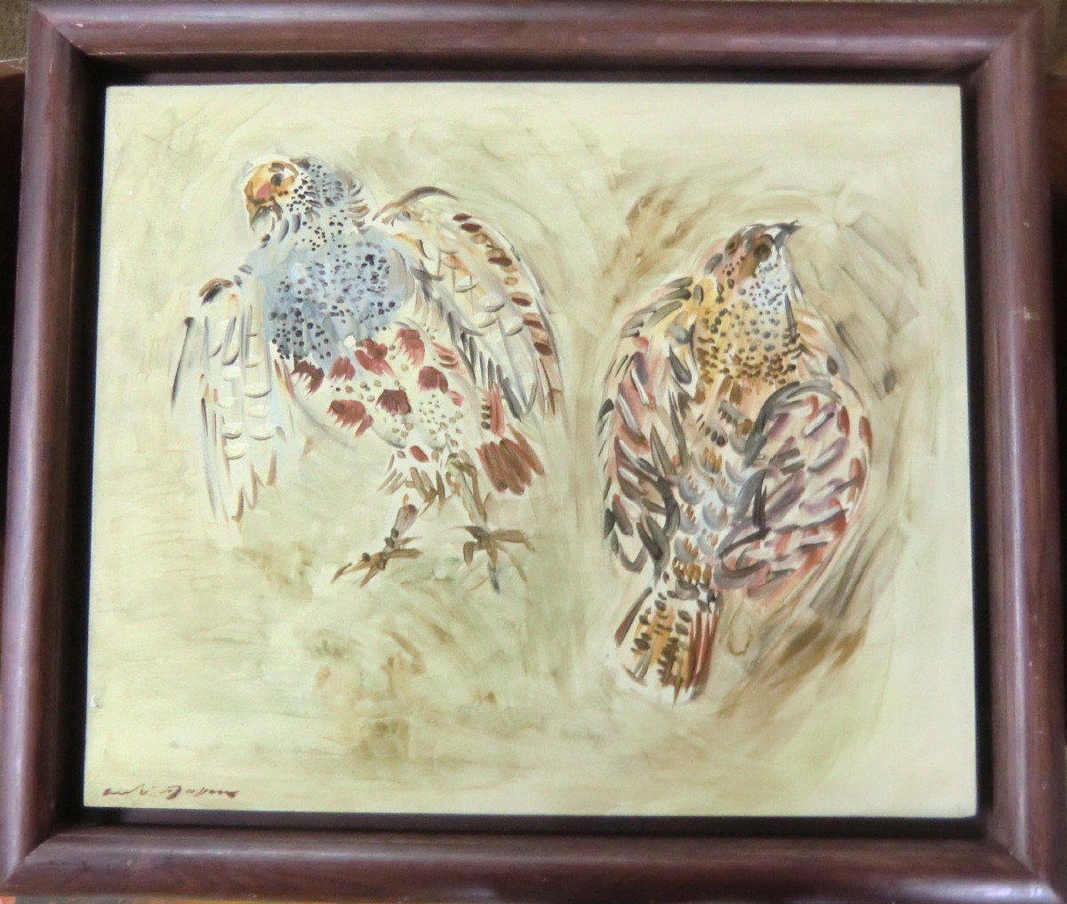 MASSON André (1896-1987) "Perdrix", 1952 Huile sur bois signée et encadrée 46 x 55 cm.