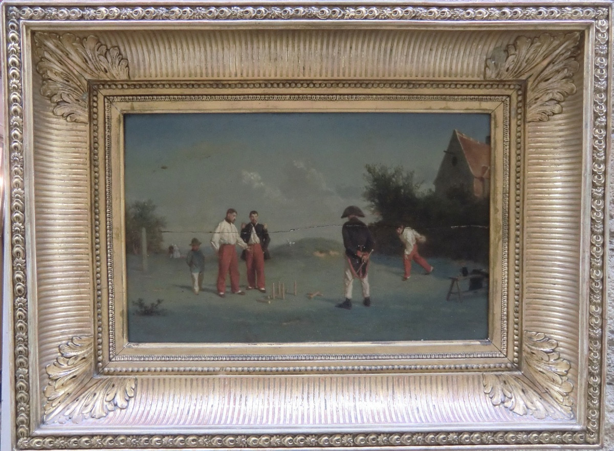 PEZOUX Jean (1815-1885) "Militaires jouant aux quilles", 1858 Huile sur bois signée 22 x 35 cm
