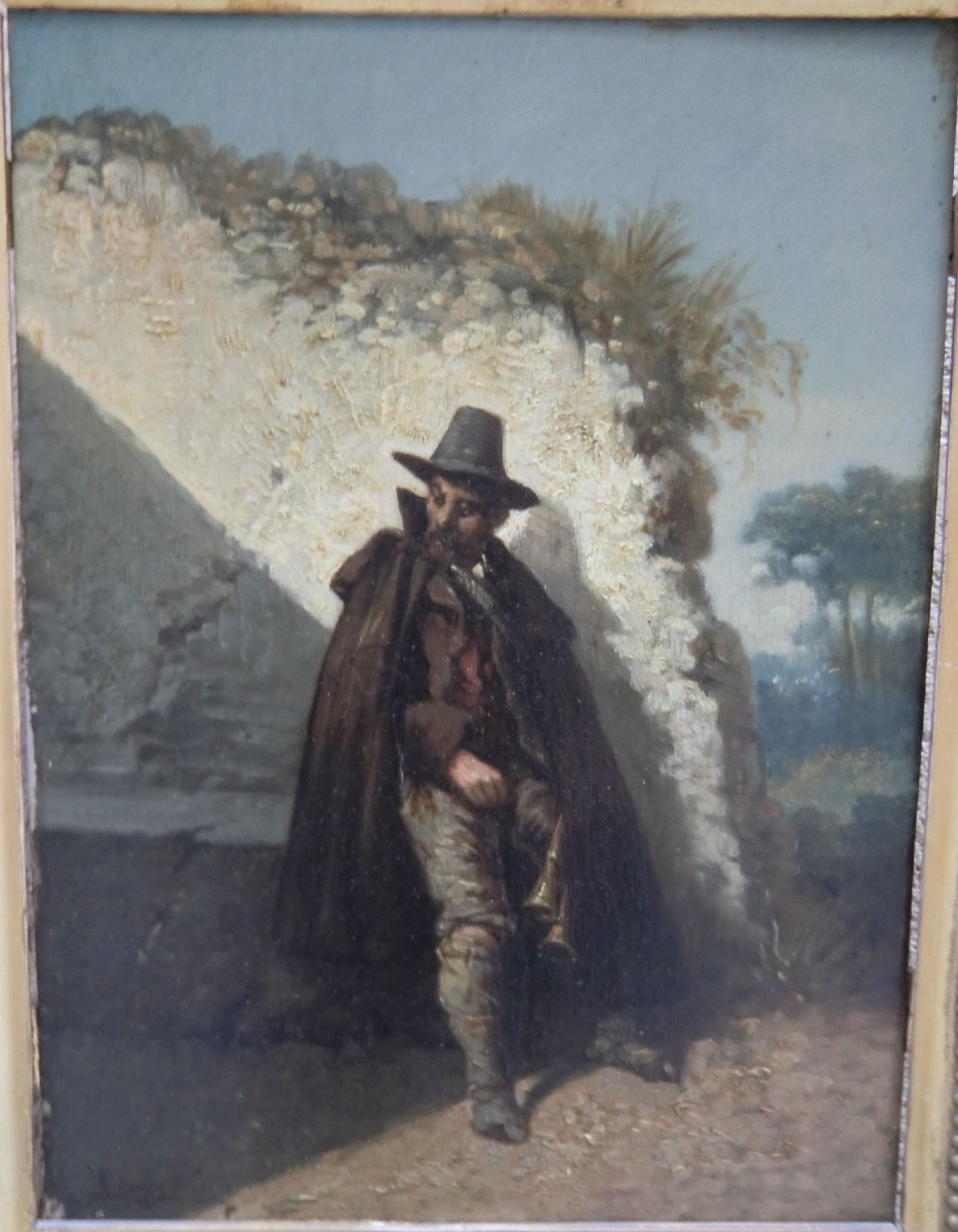 LOUBON Chales-Émile (1809-1863) "Le musicien" Huile sur panneau de bois signée 33 x 23,5 cm-photo-2
