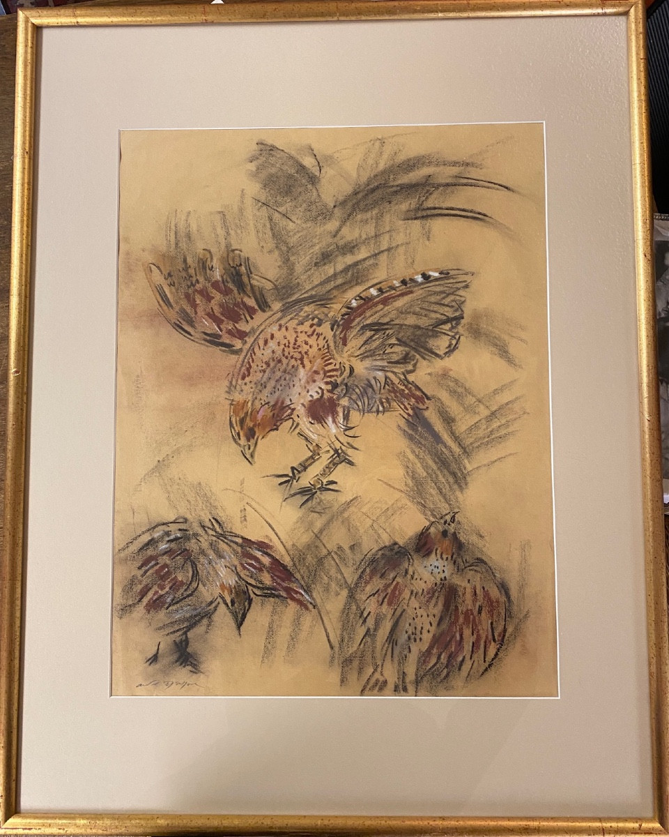 MASSON André (1896-1987) "Vol de perdrix" 1952 Pastel sur papier ocre signé 63 x 48,5 cm