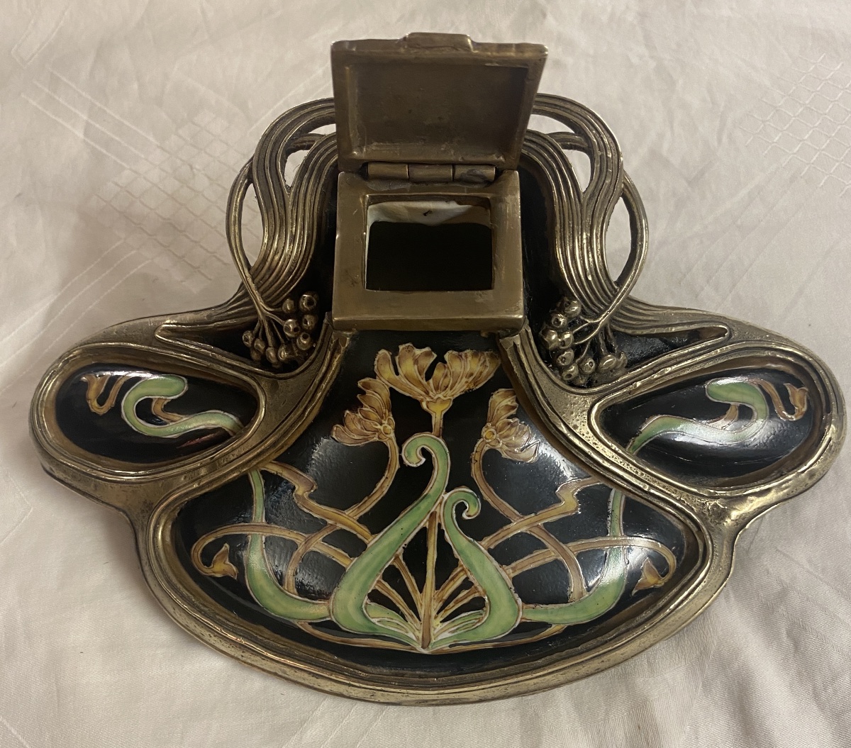 Art Nouveau-style Inkwell, Circa 1900; Glazed Porcelain And Gilded Brass; Floral Design-photo-2