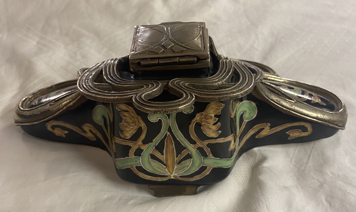 Art Nouveau-style Inkwell, Circa 1900; Glazed Porcelain And Gilded Brass; Floral Design-photo-3