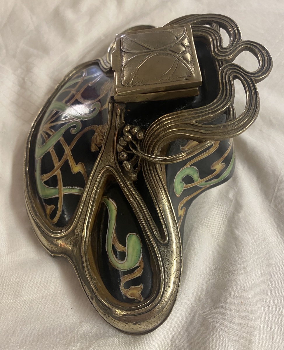 Art Nouveau-style Inkwell, Circa 1900; Glazed Porcelain And Gilded Brass; Floral Design-photo-4