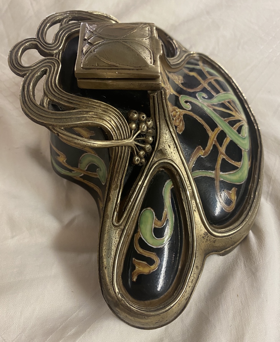 Art Nouveau-style Inkwell, Circa 1900; Glazed Porcelain And Gilded Brass; Floral Design-photo-1